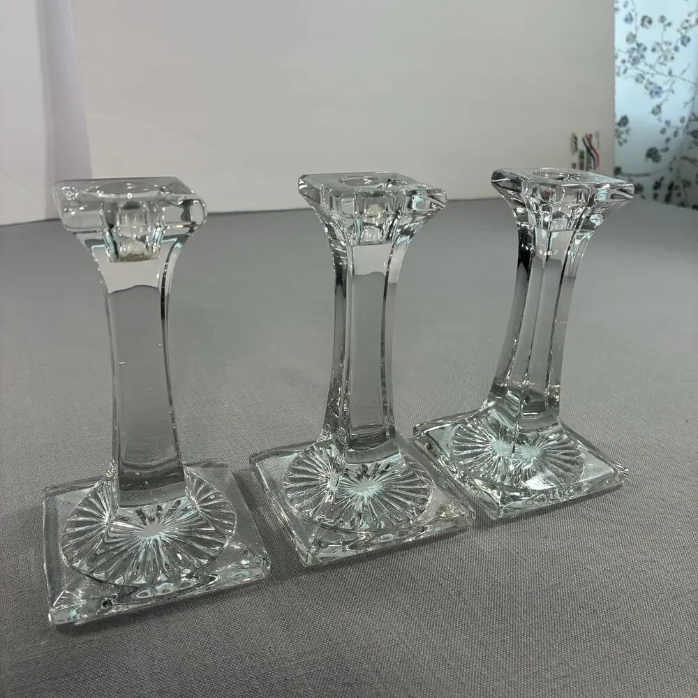 Vintage Clear Glass Candlestick Holders Set of 3 Square Base Taper Candle Holder